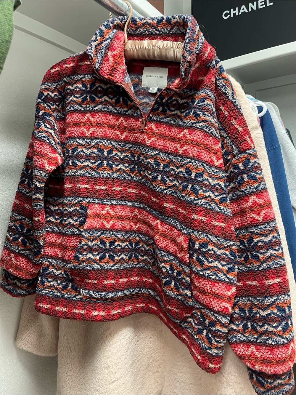 American Eagle Outfitters Red & Navy Patterned Half-Zip Fleece